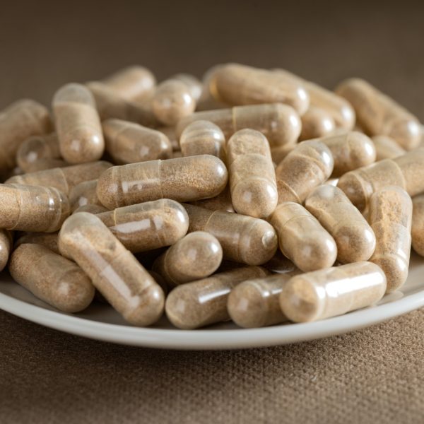 Herb supplement capsules on a white plate. Lingzhi mushroom or Reishi mushroom supplement capsules. Traditional Chinese medicine.